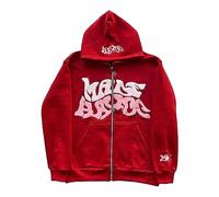 Felpa con Cappuccio Y2K da Uomo con Zip Completa, Giacca con Tasca Frontale Grafica Lettere Gotiche Felpa Oversize Hip Hop Moda Streetwear Vintage Giacca con Cappuccio Leggera Comoda Capospalla, Rosso