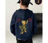 Felpa con cerniera e spalle scese in cotone per bambini, top con grazioso motivo Groot, felpa casual ampia, felpa con cappuccio calda e aperta sul davanti in tessuto spesso per autunno e inverno, top 