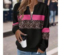 Felpa con chiusura lampo, collo rotondo, fantasia patchwork fucsia e stampa leopardata, di e d'avanguardia, per donne taglie forti 0XL,1XL,2XL,3XL,4XLStampa CasualeTessuto in maglia