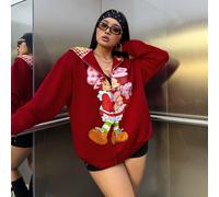 Felpa con chiusura lampo oversize da donna, stile casual e carino, con stampa a quadri e personaggi dei cartoni animati e fragole, spalle scoperte, adatta per primavera/autunno, per donne, fragole, Na
