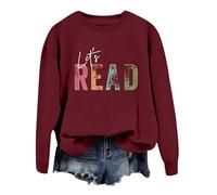 Felpa con libro di lettura da donna "Let's Read", maglietta grafica a maniche lunghe, girocollo, maglione insegnante/biblioteca con motivo worm di libri pulli ragazza adolescente, Brick rosso, S