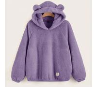 Felpa con maniche raglan, design orecchie 3D e applicazione di lettere, manica lunga, in pile, per donne taglie forti, adatta per autunno/inverno 0XL,1XL,2XL,3XL,4XL,5XLLettereTessuto in maglia
