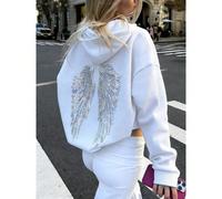 Felpa con ricamo di ali d'angelo con paillettes grigio chiaro, stile Y2K, felpa casual da donna con spalle cadenti e maniche lunghe, colore bianco L,M,S,XL,XSLettere,PianteTessuto in maglia