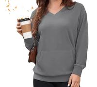 Felpa con scollo a V da donna, per autunno inverno, oversize, a maniche lunghe, con tasche, tinta unita, vestibilità larga, casual, in pile, comoda, senza cappuccio, per uso quotidiano e ufficio, #2
