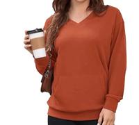 Felpa con scollo a V da donna, per autunno inverno, oversize, a maniche lunghe, con tasche, tinta unita, vestibilità larga, casual, in pile, comoda, senza cappuccio, per uso quotidiano e ufficio, #5