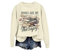 Felpa con scritta in inglese "Books Are My Therapy" in stile retrò, motivo floreale, con scritta "Book Coffee", per, Khika, M