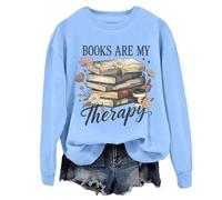 Felpa con scritta in inglese "Books Are My Therapy" in stile retrò, motivo floreale, con scritta "Book Coffee", per, blu cielo, L