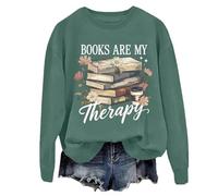 Felpa con scritta in inglese "Books Are My Therapy" in stile retrò, motivo floreale, con scritta "Book Coffee", per, Verde, L