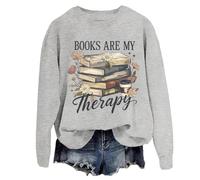 Felpa con scritta in inglese "Books Are My Therapy" in stile retrò, motivo floreale, con scritta "Book Coffee", per, Grigio, L
