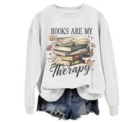 Felpa con scritta in inglese "Books Are My Therapy" in stile retrò, motivo floreale, con scritta "Book Coffee", per, bianco, XXL