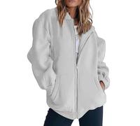 Felpa con zip da donna lunga e sottile giacca maglione a maniche lunghe tinta unita casual cappotto allentato abiti caldi da donna, Cenere Chiaro, S
