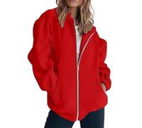 Felpa con zip da donna lunga e sottile giacca maglione a maniche lunghe tinta unita casual cappotto allentato abiti caldi da donna, Rosso, S