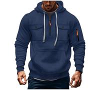 Felpa con zip da uomo tinta unita tasche multiple cargo pullover sportivo allenamento a maniche lunghe felpe con cappuccio, J-591 Blu marino, 3XL
