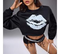 Felpa corta con stampa di labbra e volto, sexy per Ognissanti, discoteca, ritorno a scuola, autunno/inverno, stile di strada Y2K, top crop con grafica per donne, top da club con grafica di baci, felpa