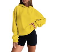 Felpa corta da donna con cappuccio a maniche lunghe e vestibilità comoda | Pullover in tinta unita con cappuccio attaccato, spalle cadenti e corpo più corto; le scelte di colore variano nella gamma