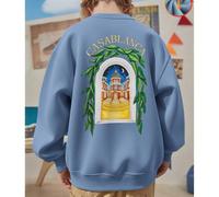 Felpa da bambino in cotone denim blu con spalle scese, top con motivo castello illuminato dalla luna, felpa casual ampia, felpa calda con scollo rotondo in tessuto spesso per autunno e inverno, abbigl