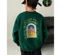 Felpa da bambino in cotone verde scuro con spalle scese, top con motivo castello illuminato dalla luna, felpa casual ampia, felpa calda con scollo rotondo in tessuto spesso per autunno e inverno, abbi