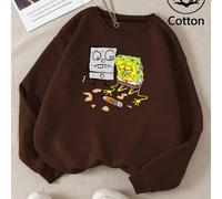 Felpa da donna a maniche lunghe con coulisse, oversize, casual, autunno/inverno, marrone. Questa felpa marrone foderata in pile emana una ricca atmosfera da libro di fiabe. I disegni di SpongeBob e de