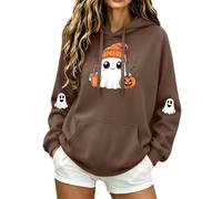 Felpa da donna a maniche lunghe con stampa di zucche con fantasma di | Comodo pullover con un simpatico fantasma e zucca con stampe uniche sulle maniche. Perfetto per abiti autunnali festivi.