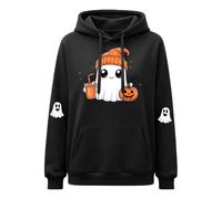 Felpa da donna a maniche lunghe con stampa di zucche con fantasma di | Comodo pullover con un simpatico fantasma e zucca con stampe uniche sulle maniche. Perfetto per abiti autunnali festivi.
