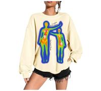 Felpa da donna alla moda con stampa a lettere a maniche lunghe casual girocollo pullover morbido confortevole vestibilità ampia tunica top per uso quotidiano girocollo nero felpa con cappuccio, Beige