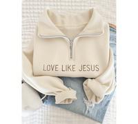 Felpa da donna, "Ama come Gesù" ricamo a lettere, lavorazione pesante, motivo a stampa, un regalo per i credenti in Gesù, felpa con chiusura lampo 1/4 e stampa ricamata, morbida e casual, maglioncino 
