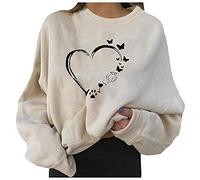 Felpa da donna casual, a maniche lunghe, con scollo largo, con stampa a maniche rotonde, con glitter, bianco, XL