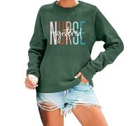Felpa da donna, casual, alla moda, a maniche lunghe, girocollo, stampa con lettere, versatile ed elegante, Verde scuro, XXL