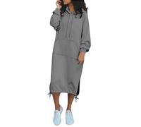 Felpa da donna, casual, con coulisse, autunno, calda, in pile, maxi abito con tasca, grigio chiaro., M
