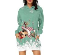 Felpa da donna casual Ctue Little Christmas Deer Print con cappuccio lunga per la stagione invernale, verde, S