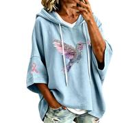 Felpa da donna con cappuccio con grafica a nastro oversize a maniche corte casual, 1 azzurro cielo., S