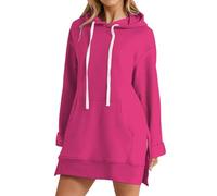 Felpa da donna con cappuccio, con tasche, lunga felpa da donna, calda, con cappuccio, vestibilità comoda, in pile, Y2K, per attività all'aria aperta, per il tempo libero, Rosa acceso., 3XL