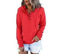 Felpa da donna con cappuccio extra calda da donna a maniche lunghe casual Y2K felpa alla moda streetwear da donna tinta unita cerniera leggera coulisse cardigan top, Rosso, XXL