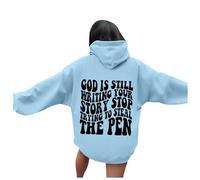 Felpa da donna con cappuccio grafico con lettere oversized Pullover alto casual a maniche lunghe con cappuccio e coulisse con pockets Dio scrive la tua storia ideale per l'inverno e Natale, Azzurro, M