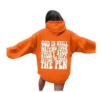 Felpa da donna con cappuccio grafico con lettere oversized Pullover alto casual a maniche lunghe con cappuccio e coulisse con pockets Dio scrive la tua storia ideale per l'inverno e Natale, arancione