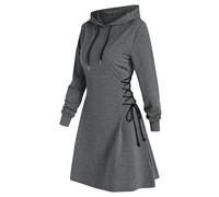 Felpa da donna con cappuccio, lunga forma, con cappuccio, tinta unita, con lacci, con coulisse, maglione americano, grigio scuro, L