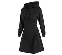 Felpa da donna con cappuccio, lunga forma, con cappuccio, tinta unita, con lacci, con coulisse, maglione americano, Nero , L
