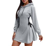 Felpa da donna con cappuccio, lunga forma, con cappuccio, tinta unita, con lacci, con coulisse, maglione americano, grigio., L