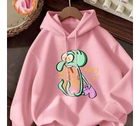 Felpa da donna con cappuccio, maniche lunghe, coulisse e spalle scese, vestibilità ampia, colore rosa. Stampa con scritte di SpongeBob SquarePants e Mr. Krabs. Streetwear, casual, da viaggio, da casa.