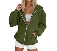 Felpa da donna con cappuccio, oversize, con cappuccio, da donna, oversize, in cotone, tinta unita, con tasche, per le mezze stagioni, casual, con cappuccio, con chiusura lampo, verde, L