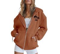 Felpa da donna con cappuccio, oversize, giacca sportiva sottile, con cappuccio, con cerniera, a maniche lunghe, con cerniera, #1-marrone, L