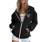 Felpa da donna, con cappuccio, per autunno e inverno, con stampa a lettere e coulisse, con cappuccio e cerniera, oversize, per il tempo libero, P nero., S