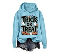 Felpa da donna con cappuccio per Halloween, oversize, per il tempo libero, con stampa di zucche e simpatico spirito Harajuku, vestibilità ampia, stile vintage, per costume di Halloween, Celeste., L