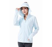 Felpa da donna con cappuccio UPF 50+ protezione solare UV con cerniera verso il basso, a maniche lunghe, per escursionismo, attività all'aperto, corsa, pesca, Azzurro, Small/Medium