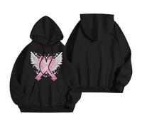 Felpa da donna con fiocco scintillante, maglione lungo con nastro rosa e ali d'angelo, con cappuccio oversize per speranza e solidarietà, Stile H02 Nero, L