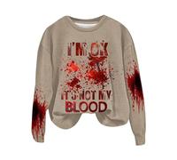 Felpa da donna con grafica sarcastica umorismo pullover morbida stampata camicia I'm Ok It's Not My Blood Halloween Top casual confortevole felpe per le donne UK, cachi, M
