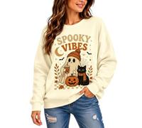 Felpa da donna con grafica spettrale di Halloween con zucca e fantasmi | Pullover a maniche lunghe con una grande illustrazione di Halloween che mostra fantasmi, zucche e scritte stagionali sul