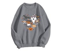 Felpa da donna con grafica stagionale - Divertente pullover con stampa zucca e tacchino, morbido misto cotone, vestibilità larga, casual top oversize, Cenere Chiaro, L
