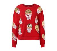 Felpa da donna con paillettes a cerchio da basket girocollo oversize a maniche lunghe pullover top elegante casual vestibilità ampia morbida confortevole top stampa felpe, Rosso, M