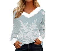Felpa da donna con scollo a V, morbida, invernale, con albero di Natale, in peluche, calda, ampia, casual, a maniche lunghe, maglione natalizio, Azzurro, XL